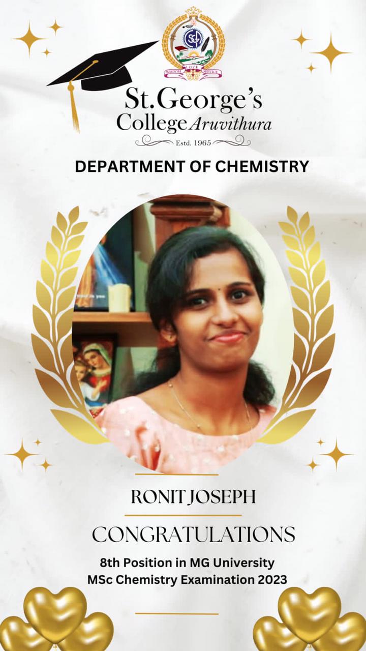 Ronit Joseph secured Eighth rank in Msc Chemistry examination 2023
